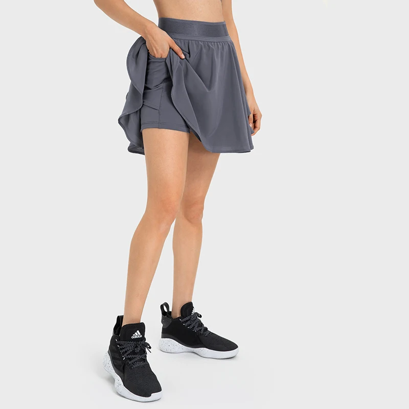 SHINBENE, Быстросохнущая поддельная теннисная юбка из 2 предметов, подкладка, боковой карман, защита от потери, шорты для йоги и бега для женщин2