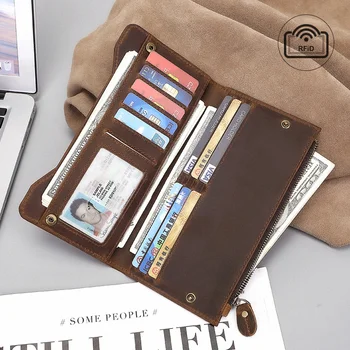 кожаный бумажник, мужская противоугонная щетка RFID, кошелек с несколькими картами, длинный кожаный бумажник