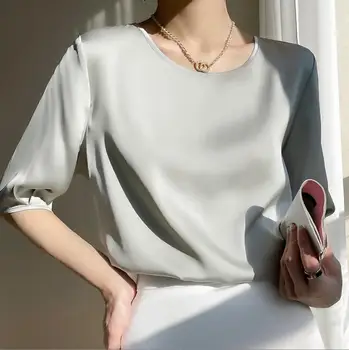 Роскошная шелковая блузка Для женщин 2023 Весна/лето, новая элегантная красивая женщина, однотонная атласная блузка, Темпераментная футболка, Простой офисный топ