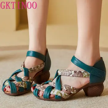 GKTINOO, Женская летняя обувь, Повседневные сандалии с вырезами на среднем каблуке, женские туфли-лодочки в стиле ретро, Ремешки с пряжками из натуральной кожи, Женские сандалии