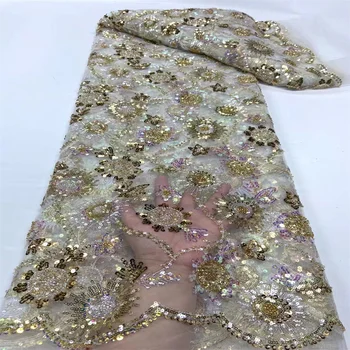 Африканская кружевная ткань с пайетками 2023, высококачественная вышивка бисером, Нигерийский Французский тюль, кружевной материал для свадебного платья jy-190